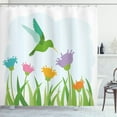 thumbnail image 1 of Wildflower Shower Curtain, Colorful Garden Art and Hummingbird Pastel Toned Illustration, Fabric Bathroom Set with Hooks, 69W X 75L Inches Long, Pistachio Green Multicolor, by Ambesonne, 1 of 3