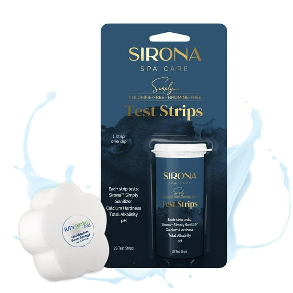 Sirona Spa Care 25 Test Strips with My Garden Pool Spa Sponge Accurate Spa Water Testing Kit for pH, Alkalinity & Hardness with Bonus Oil-Absorbing Scum Remover
