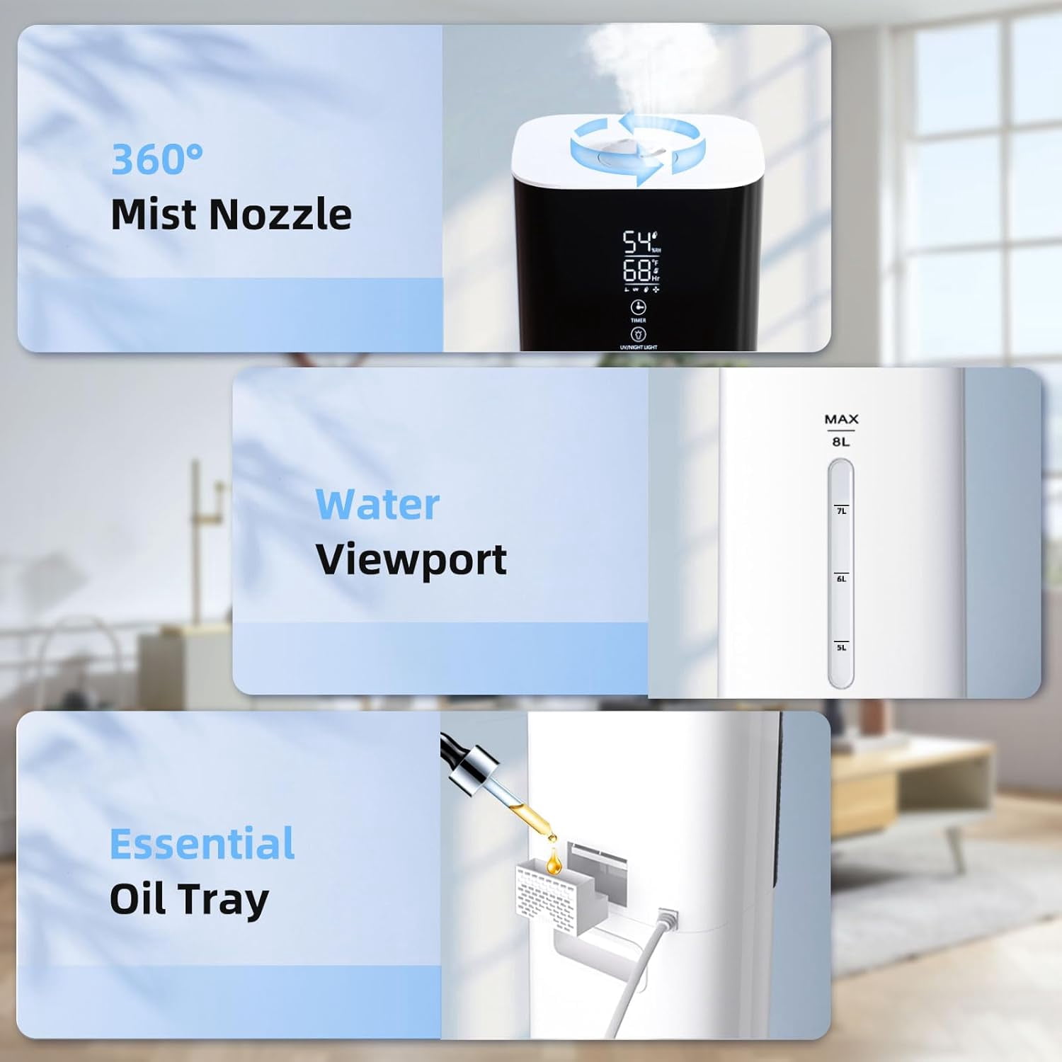 Humidifiers for Bedroom, 2.11Gal 8L Quiet Humidifiers for Large Room with Timer, 360°Nozzle, 3 Speed Ultrasonic Cool Mist Humidifier with Humidistat for Baby Home Adults Plants