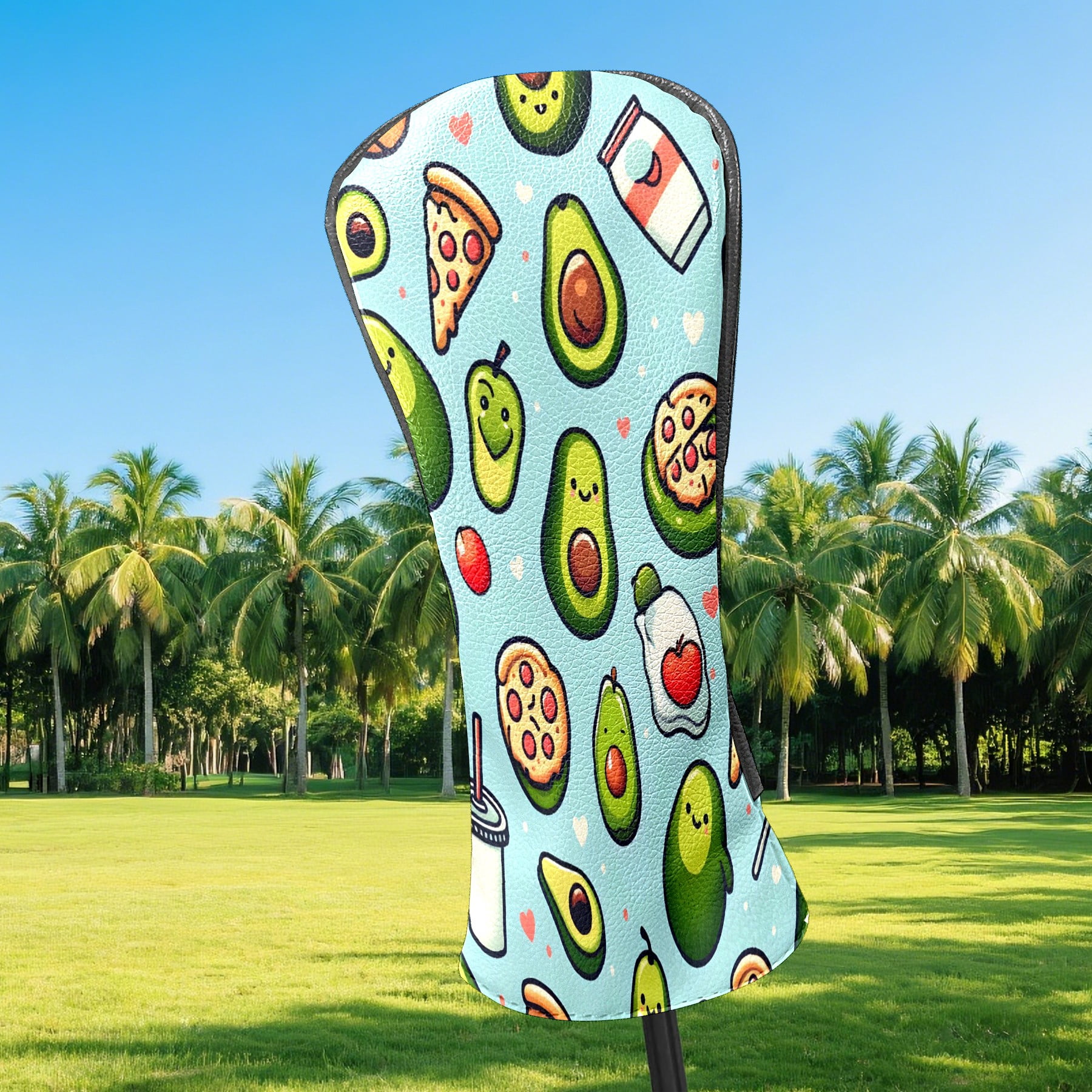 Golf Club Covers, Light Blue Avocado Pizza Premium PU Leather Driver Hybrid Putter Head Covers with Velvet Lining, Waterproof Golf Gifts for Men Women