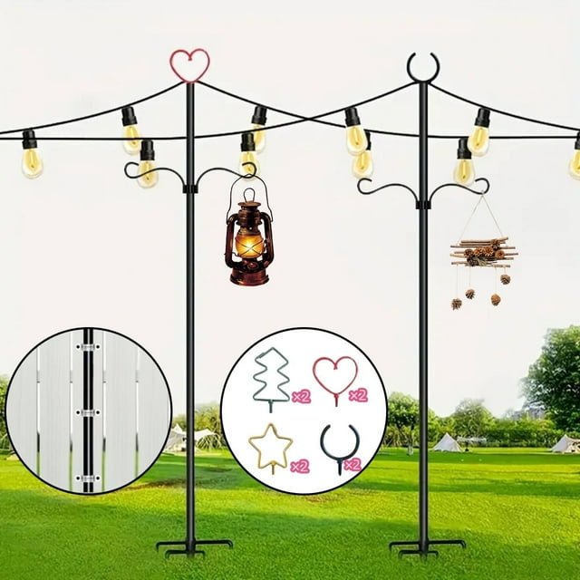 Postes de Luz de Cadena para Exteriores: Soporte de Iluminación para Patio de 11,81 Pies de Alto con Ganchos, Poste de Metal Resistente para Luces de Cadena Colgantes, para Jardín Exterior, Patio Trasero, Bistró, BBQ, Fiestas, Bodas, Paquete de 2