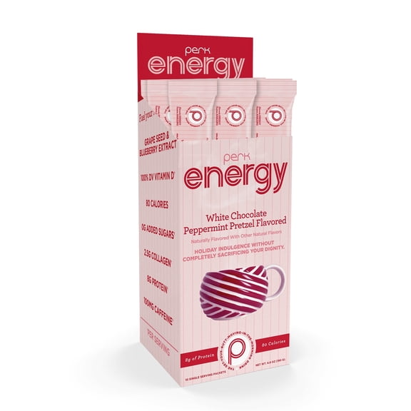 Perk Energy Drink Mix (White Chocolate Peppermint Pretzel) 10 Stick Packs - Caffeinated Healthy Coffee Alternative with Protein, 100mg of Caffeine