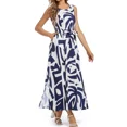 thumbnail image 4 of OYYN Women's Blue White Tropical Palm Leaf Print Sleeveless Maxi Dress Belted A-Line Summer Dress with Pockets for Beach Vacation, 4 of 7