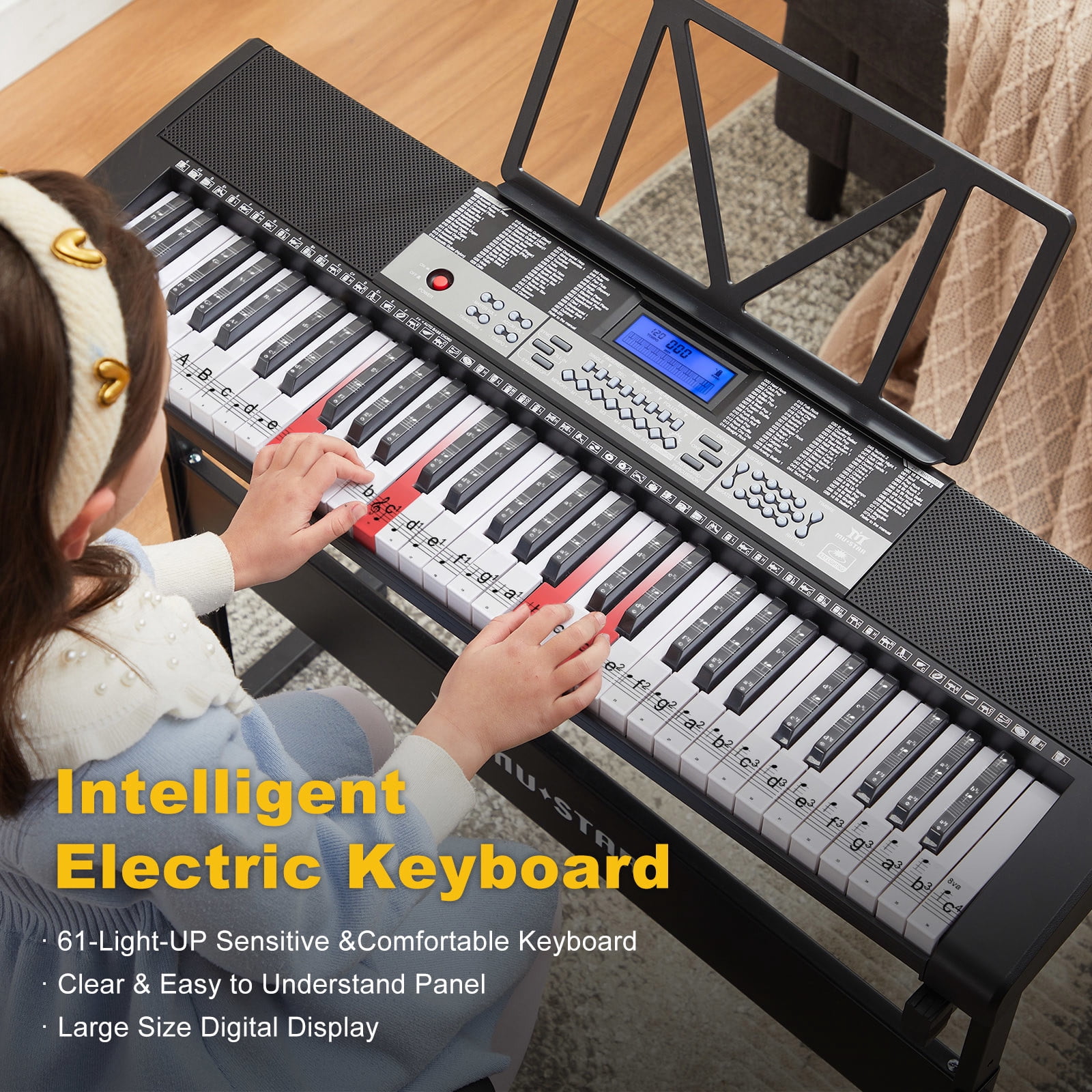 61 Keys Electric Piano Keyboards with Lighted Up Keys,255 rhythms,Bench,Stand,Headphone,Microphone(Black)