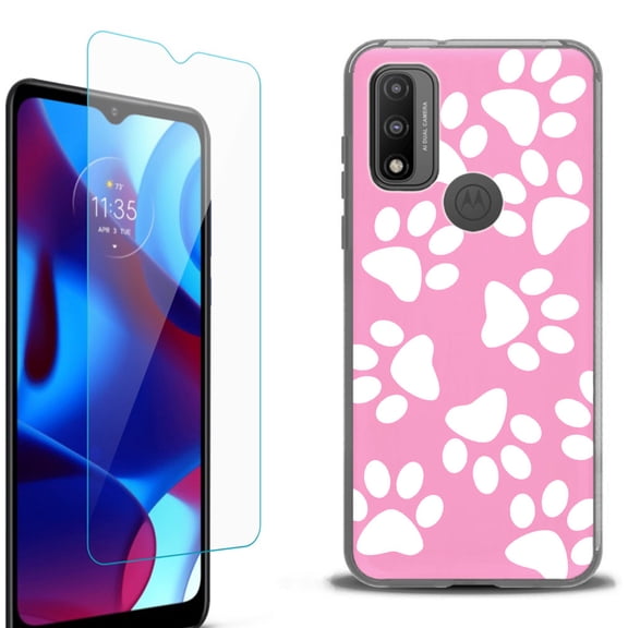 Slim-Fit Protective Phone Case (Black) compatible with Motorola Moto G Pure 5G, with Tempered Glass Screen Protector, by OneToughShield ® - Pet Paw/ Pink