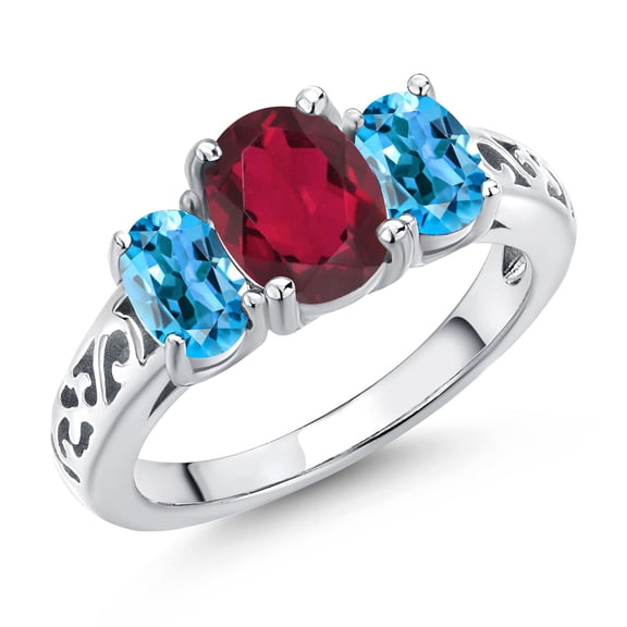 Gem Stone King 925 Sterling Silver Ruby Red Mystic Topaz and Swiss Blue Topaz Filigree Style 3 Stone Ring for Women (2.40 Cttw, Oval 8X6MM and 6X4MM) (Size 9)