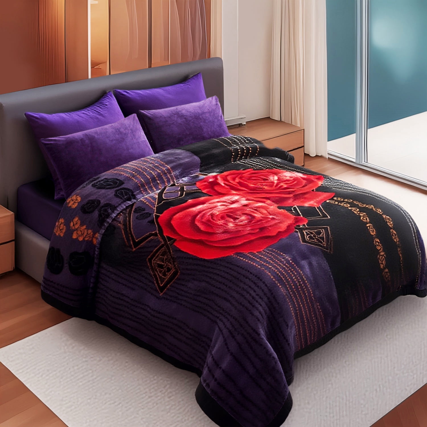 10lbs Heavy Thick A&B Pattern Blanket 2Ply Reversible - Thick Warm Plush Korean Style Bed Blanket, King Size Fleece Plush Blanket, Soft Winter Blanket For Adult 87" x 95", Black Purple & Rose