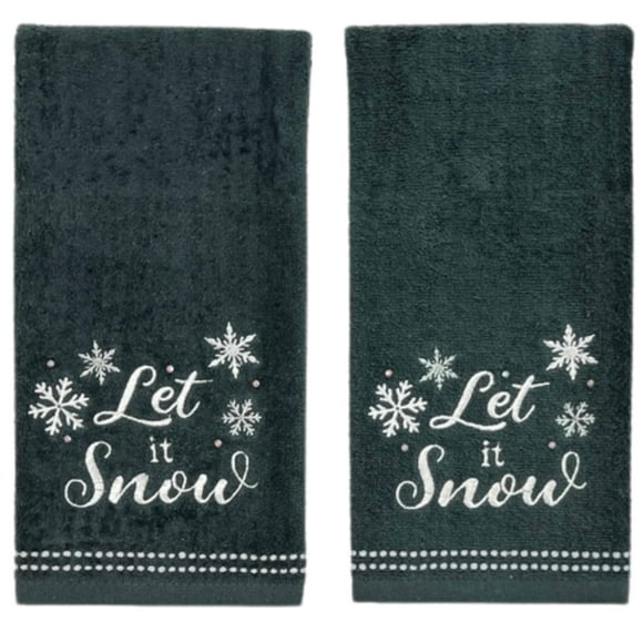 Holiday Christmas Bathroom Guest Hand Towels 100% Cotton Set Of 2 16 X 25 Inches Let It Snow Snowflakes White On Dark Grey