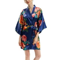 Defitshape Women's Short Bathrobe Bride Kimono Robe Floral Lightweight Soft Summer Satin Luxury Sleepwear Navy Small-X-Large
