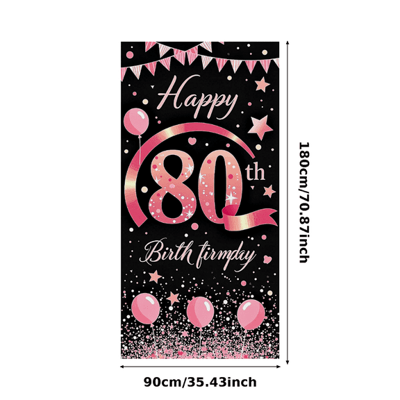 Pink Themed 80th Happy Birthday Banner with Balloons Stars and Bunting Background Party Decoration Photography Prop Birthday Party Supplies Photo Backdrop Decor for Celebration Event Decorations