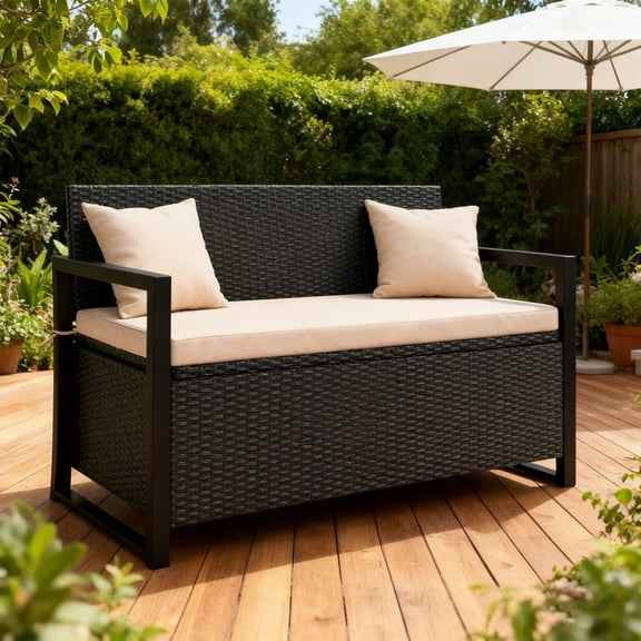 Outdoor Wicker Patio Storage Bench Loveseat with 40 Gallon Built-in Storage & Cushion for Porch Backyard  RLB