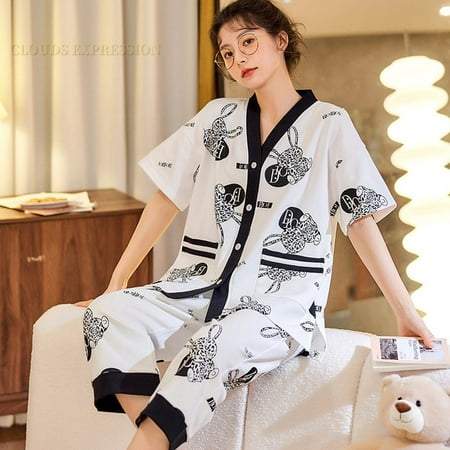 

QWZNDZGR Spring Summer Brand Short Sleeved Japnese Kimono PJ Womens Pajamas Sets Sexy Black Nightwear Capris Sleepwear Lounge Homewear