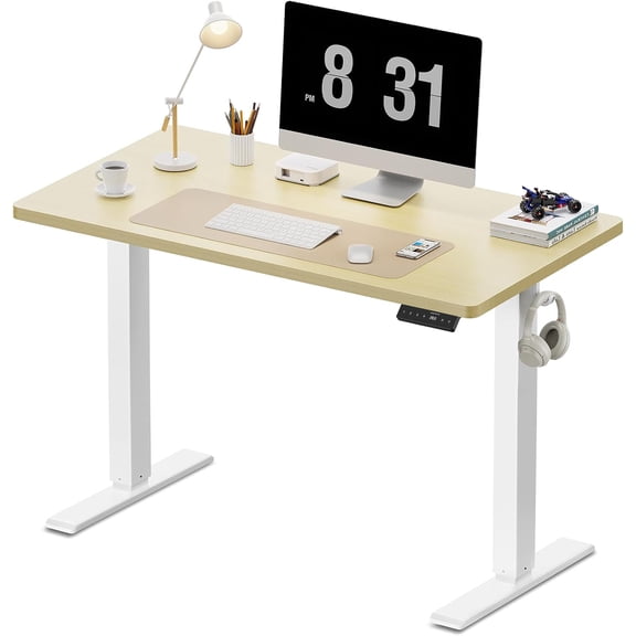 GLZ'HOME 40x24 Inches Height Adjustable Electric Standing Desk with 2 Hooks for Home Office, Ergonomic Sit Stand up Desk with Splice Board, Oak