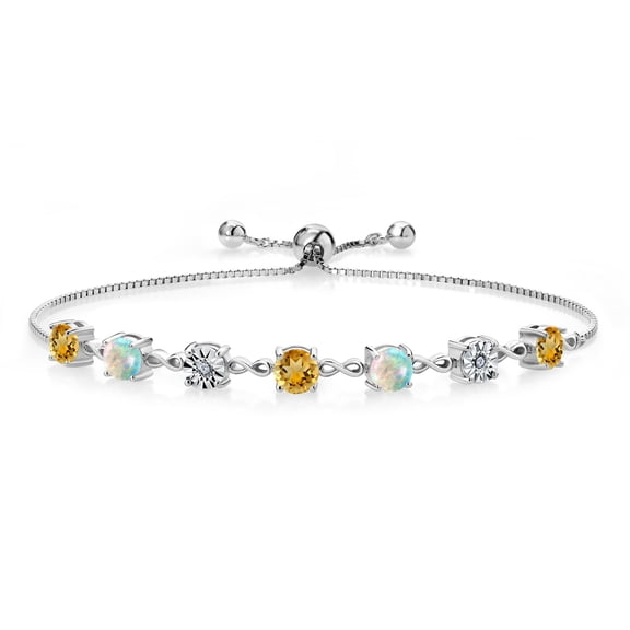Gem Stone King 925 Sterling Silver Yellow Citrine White Simulated Opal & Lab Grown Diamond Tennis Bracelet for Women | 3.19 Cttw | Fully Adjustable up to 9 inch