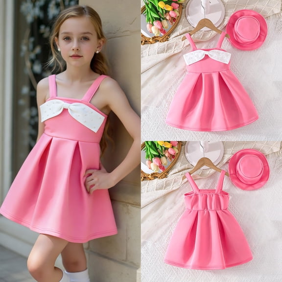 HVOBTTY Toddler Girl's Summer 2 Piece Suits Sleeveless Air Layer Spaghetti Strap Bow Dress Bead Embellishment Matching Hat