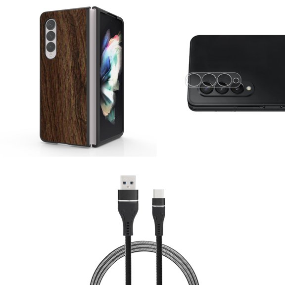 Accessory Bundle for Galaxy Z Fold 4: Slim Snap-On Case (Dark Brown Wood), Rear Camera Glass Protector, Nylon Braided USB-C to USB-A Cable (3 Feet)