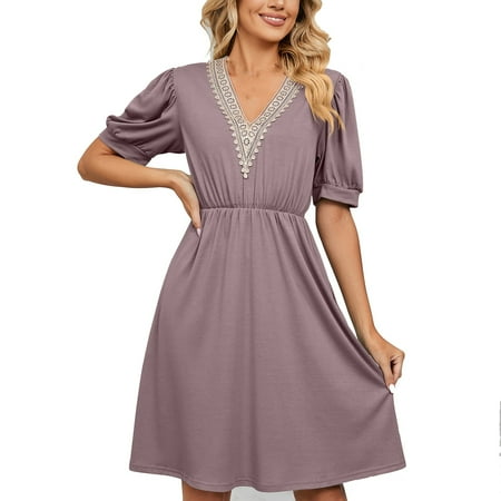 

Hfyihgf Women s Summer Dresses Guipure Lace V Neck Puff Short Sleeve Elastic High Waist A Line Swing Mini Dress with Pockets(Pink S)