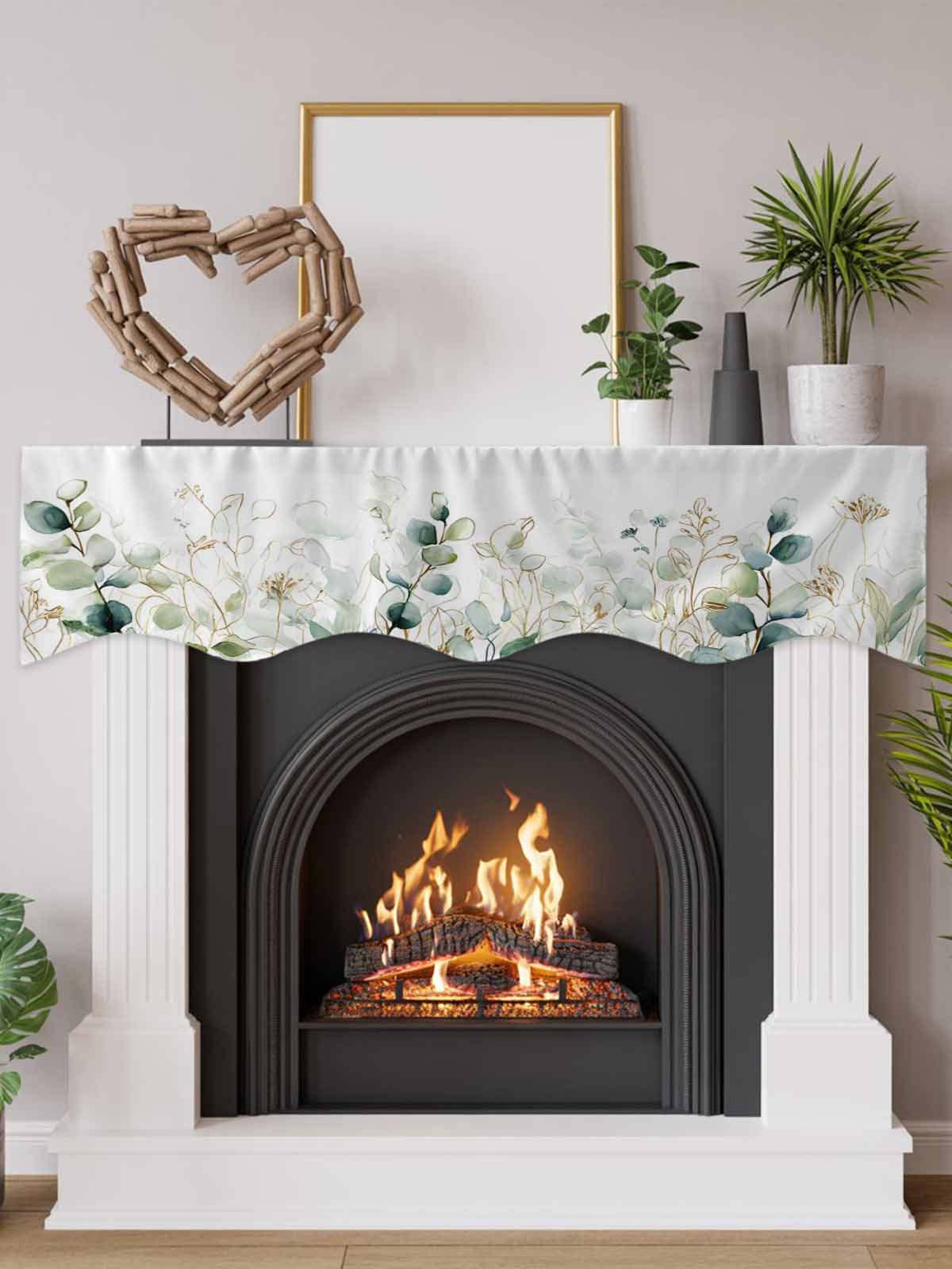 Eucalyptus Leaves Fireplace Mantle Scarf, Watercolor Sage Green Gold Branches Mantel Cover Table Runner for Home Living Room Door Window, Indoor Outdoor Holiday Party Decor 17" x 90"