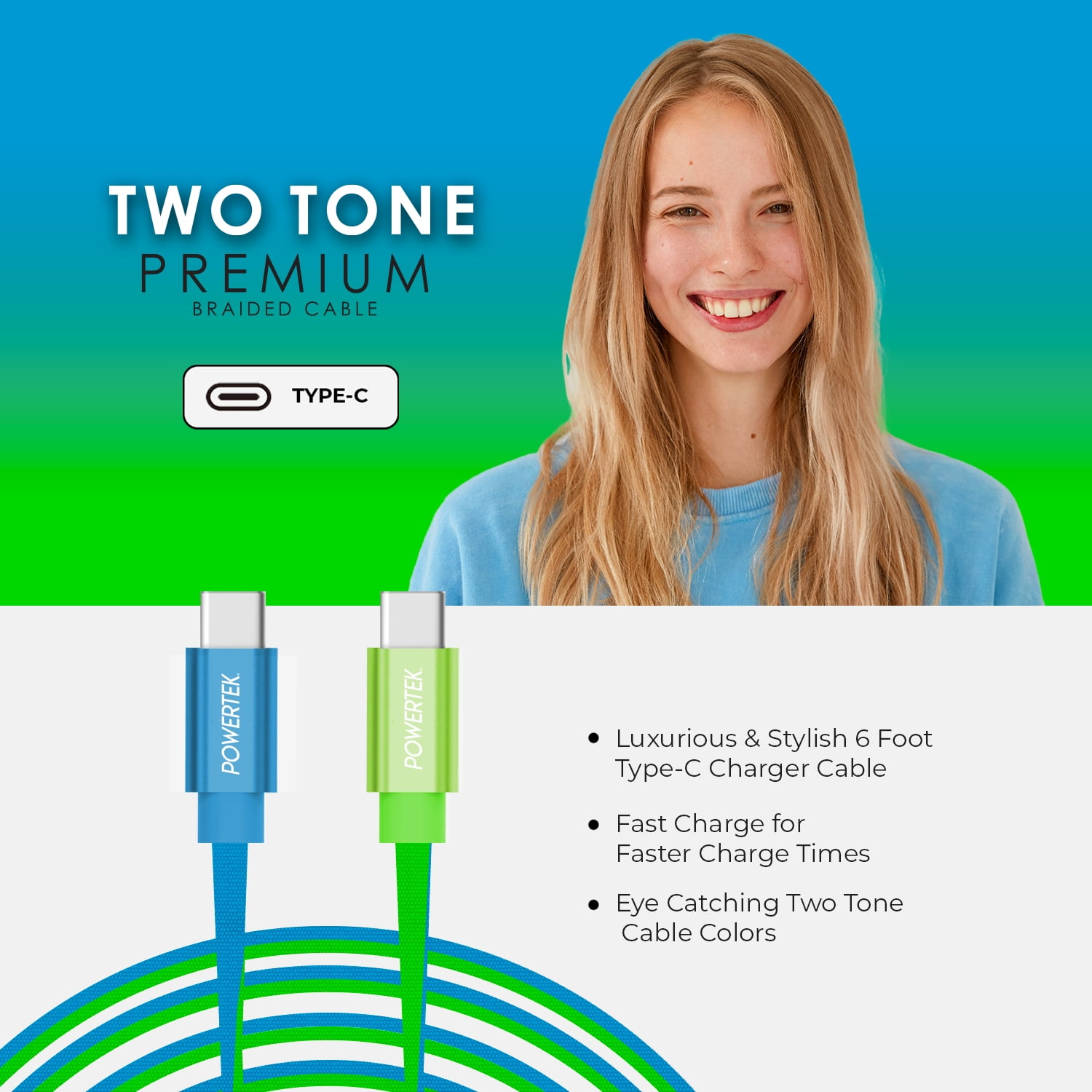 Liquipel Powertek Neon Two Tone 6' USB-C to USB-C Cable, Blue and Green