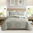thumbnail image 2 of Cozy Line Home Fashions Tweedia Blue Green Floral Paisley Damask 3 Piece Cotton Quilt Bedding Set, 2 of 8
