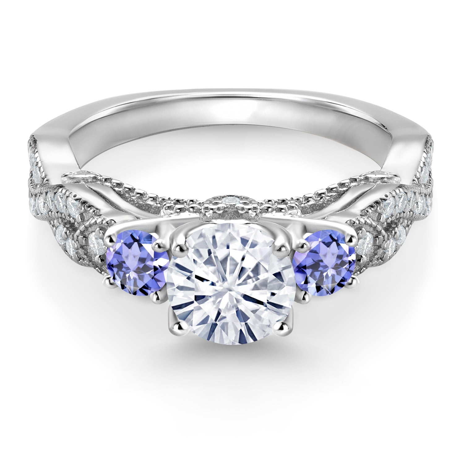 Gem Stone King 1.37 Cttw White Moissanite and Blue Tanzanite Engagement Ring for Women | 925 Sterling Silver  | Round 6MM and 3MM | Wedding Engagement Anniversary Promise Ring for Women| Size 9