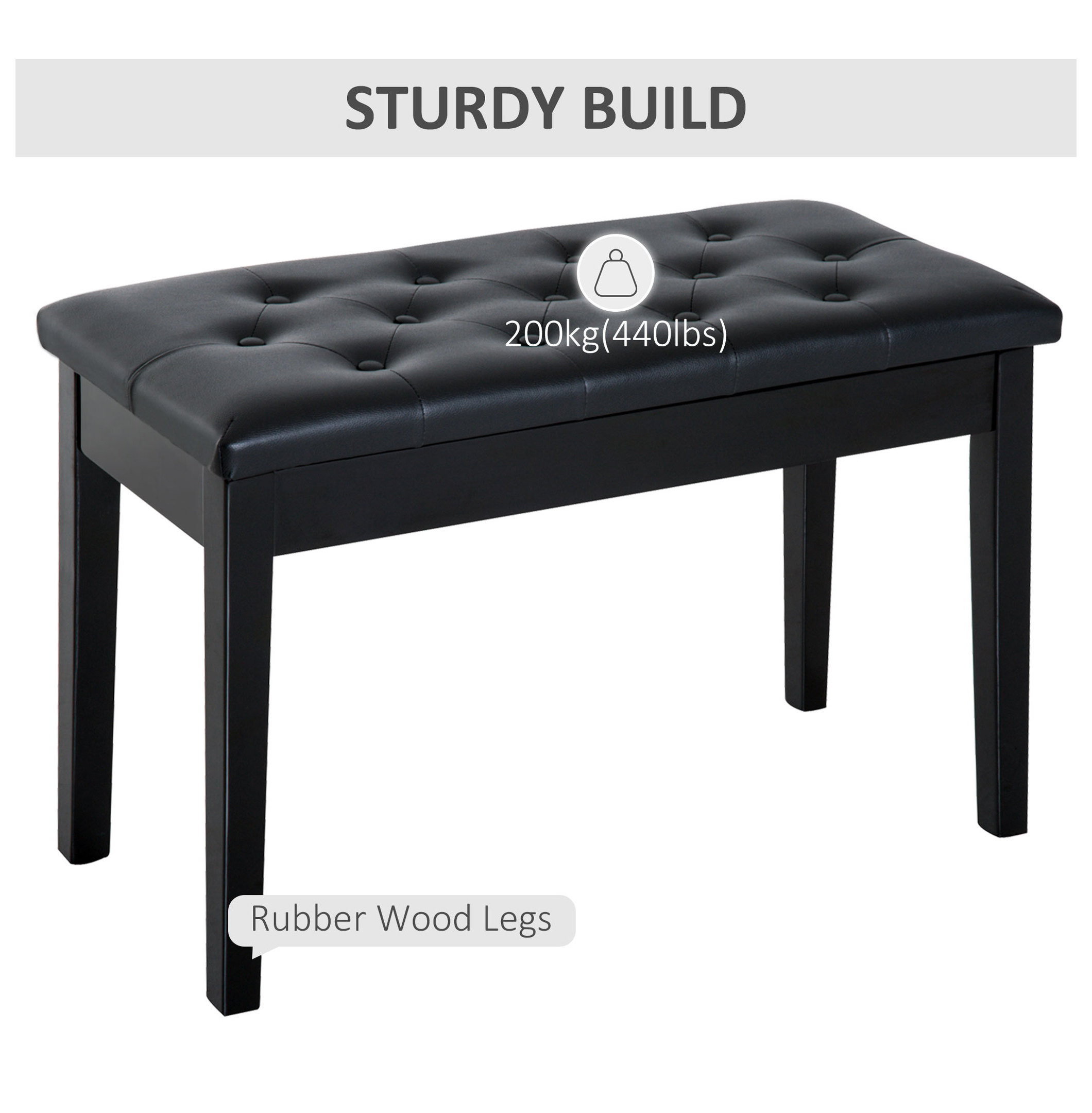 Piano , Duet Piano Chair with Faux Leather Padded Cushion and Wooden Frame, Button Tufted Keyboard , Black