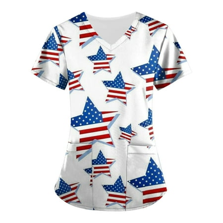 

Sksloeg Scrub Tops for Women Clearance American Star Stripes Pattern Patriotic Scrub Shirt Tops Short Sleeve V-Neck Working Uniform Workwear with Pocket Wine XL