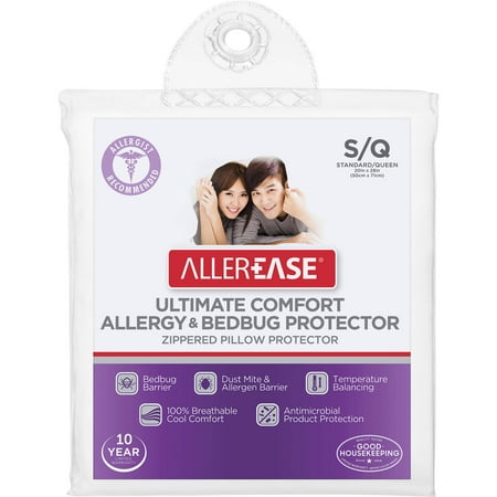 AllerEase Standard or Queen Ultimate Comfort Allergy & Bedbug Zippered Pillow Protector, 1