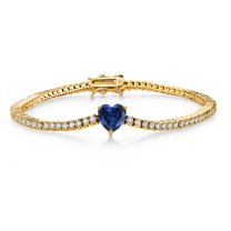 Gem Stone King 18K Yellow Gold Plated Silver Blue Created Sapphire and White Moissanite Tennis Bracelet for Women (3.93 Cttw, Gemstone Birthstone, Heart Shape 8MM, 7.25 inch)