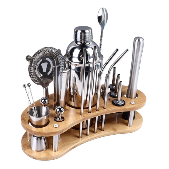 Rupoun 20-Piece Stainless Steel Cocktail Shaker Set with Pine Wood Stand, Professional Bartender Kit Mixed Drink Tool Set for Home Bar and Party, 750ml / 25.4 oz Capacity, Versatile Stylish Look