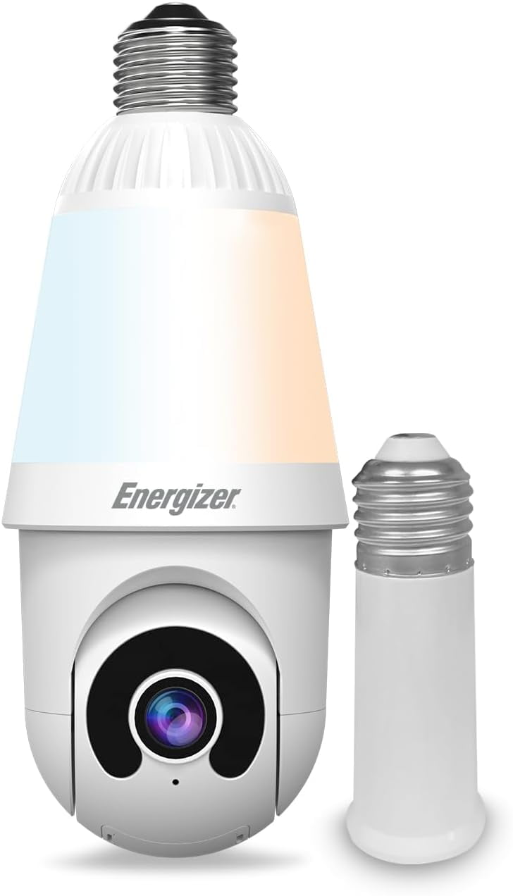 Energizer 1000 Lumens Light Bulb Camera, 2K Outdoor Smart Home Security Camera w/ Auto-Motion, White