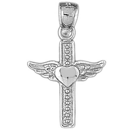 18K White Gold Heart & Wings Cross Pendant - 29 mm