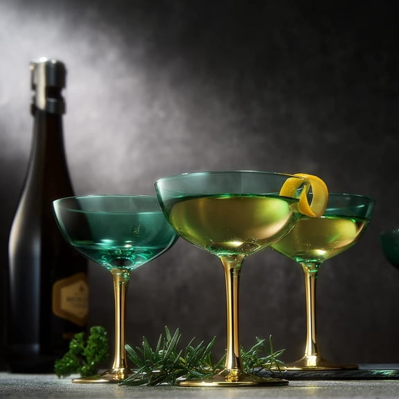Colored Coupe Art  Glasses, Gold | Set of 4 | 12 oz Classic Cocktail Glassware for Champagne, Martini, Manhattan, Sidecar, Crystal Speakeasy Style Goblets Stems, Vintage, Gold Green