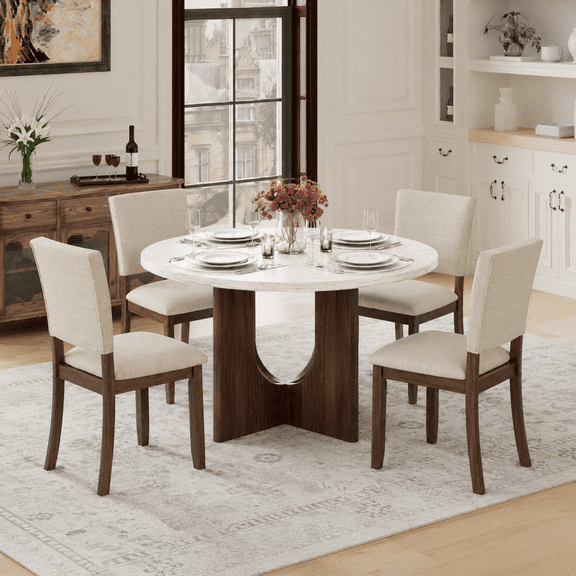 48inch Round Dining Table Set for 4 Modern Solid Wood 5-Piece Kitchen & Dining Room Set with Upholstered Chairs Pedestal Base, White