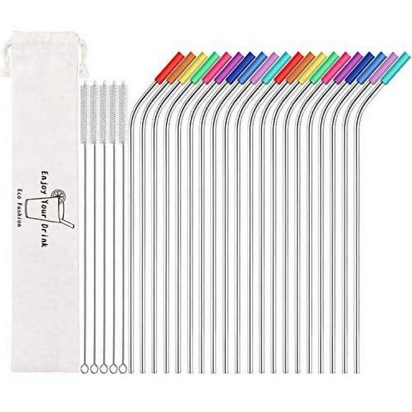 MUTNITT 20 Pcs 10.5" Bent Metal Straws,Reusable Stainless Steel Straws with 20 Silicone Tips 5 Cleaning Brush 1 Travel Case,Extra Long Reusable Drinking Straws Fit for 20 24 30 oz Yeti Rtic Tumbler