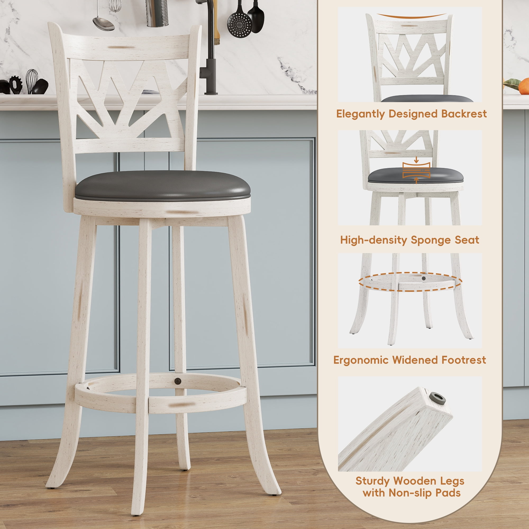 Joywind Farmhouse Swivel Bar Stools Set of 2, 30" Carved Lotus Barstools, Faux Leather Upholstered Bar Chairs with Solid Footrest & Wood Legs, Antique White