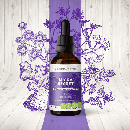 Migra Secret Alcohol-FREE Extract, Tincture, Glycerite Feverfew, Ginger, White willow bark, Periwinkle, Ginkgo, Peppermint. Headache / Migraine Support 2 oz