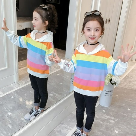 

URMAGIC Little Girls Cotton Rainbow Stripe Hoodie Sweatshirt Toddler Cartoon Unicorn Outwear 2-8T