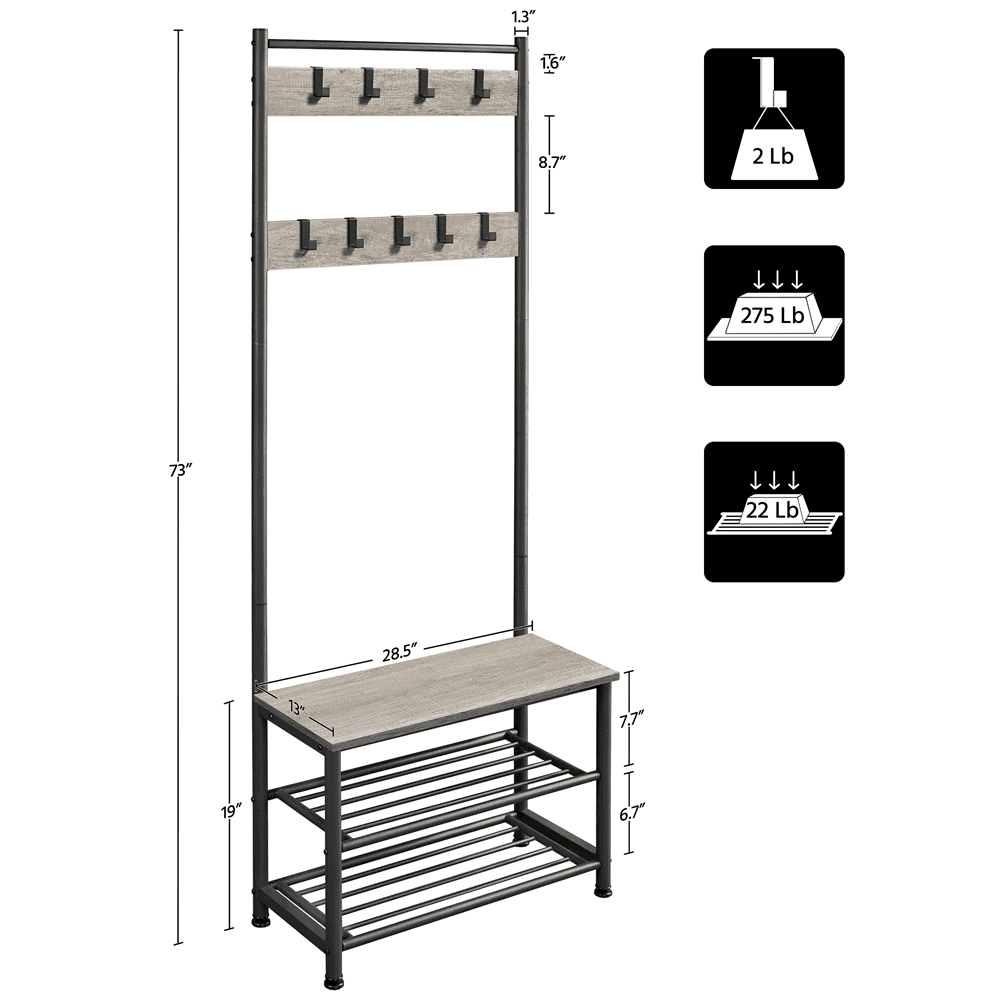 Alden Design 73" Metal Hall Tree with Shoe Storage Bench, Rustic Gray