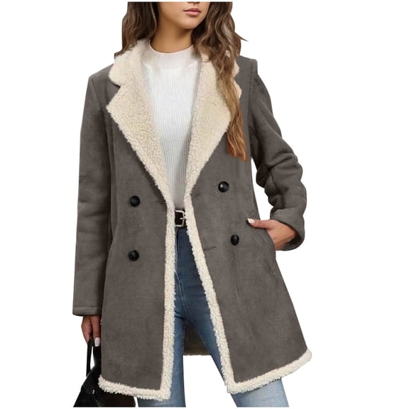 SwiftWear Women's Double-Breasted Faux Suede Coat Warm Shearling Lined Peacoat Winter Jacket with Front Pockets,Casual Style