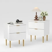Modern Nightstand with 2 Drawers, Golden and Wood Fluted Night Stand with Charging Station, Bedside Table with USB Ports and Outlets, Side Table for Bedroom Apartment