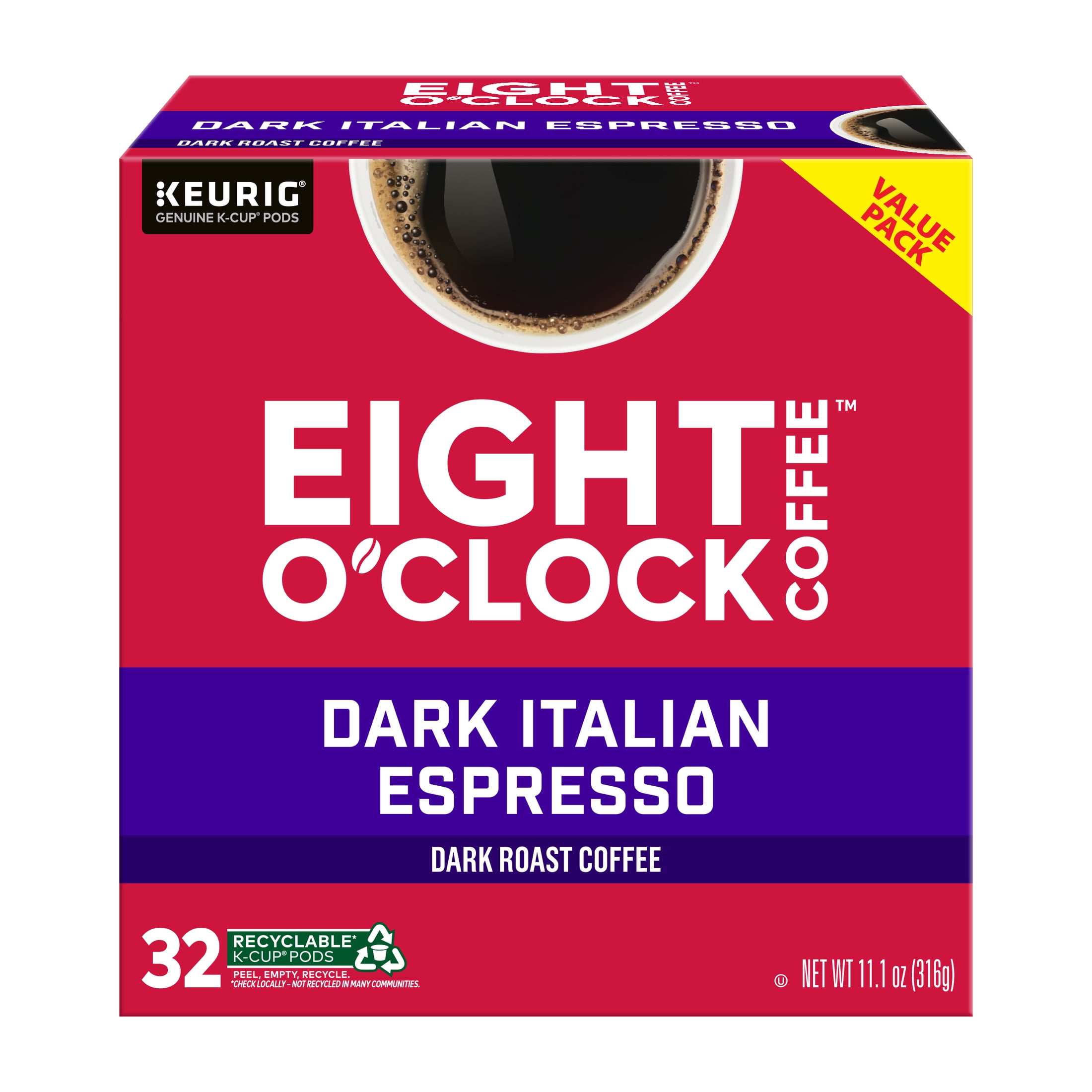 Eight O'Clock Coffee Dark Roast Dark Italian Espresso Coffee Value Pack 32 - 0.34 oz K-Cup Pods