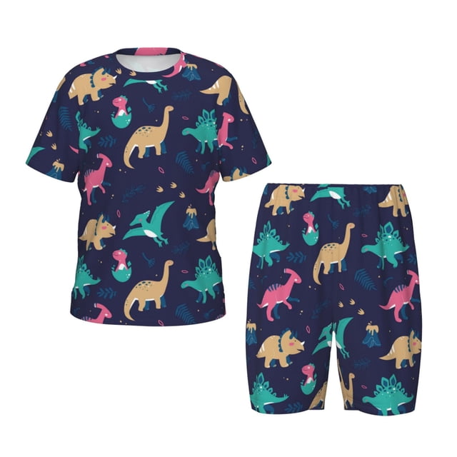 Fotbe Cartoon Dinosaur Pijama Estampada de 2 Piezas para Niños – Ropa de Dormir de Manga Corta Cómoda para Niños y Niñas, Camiseta y Shorts de Algodón-Small