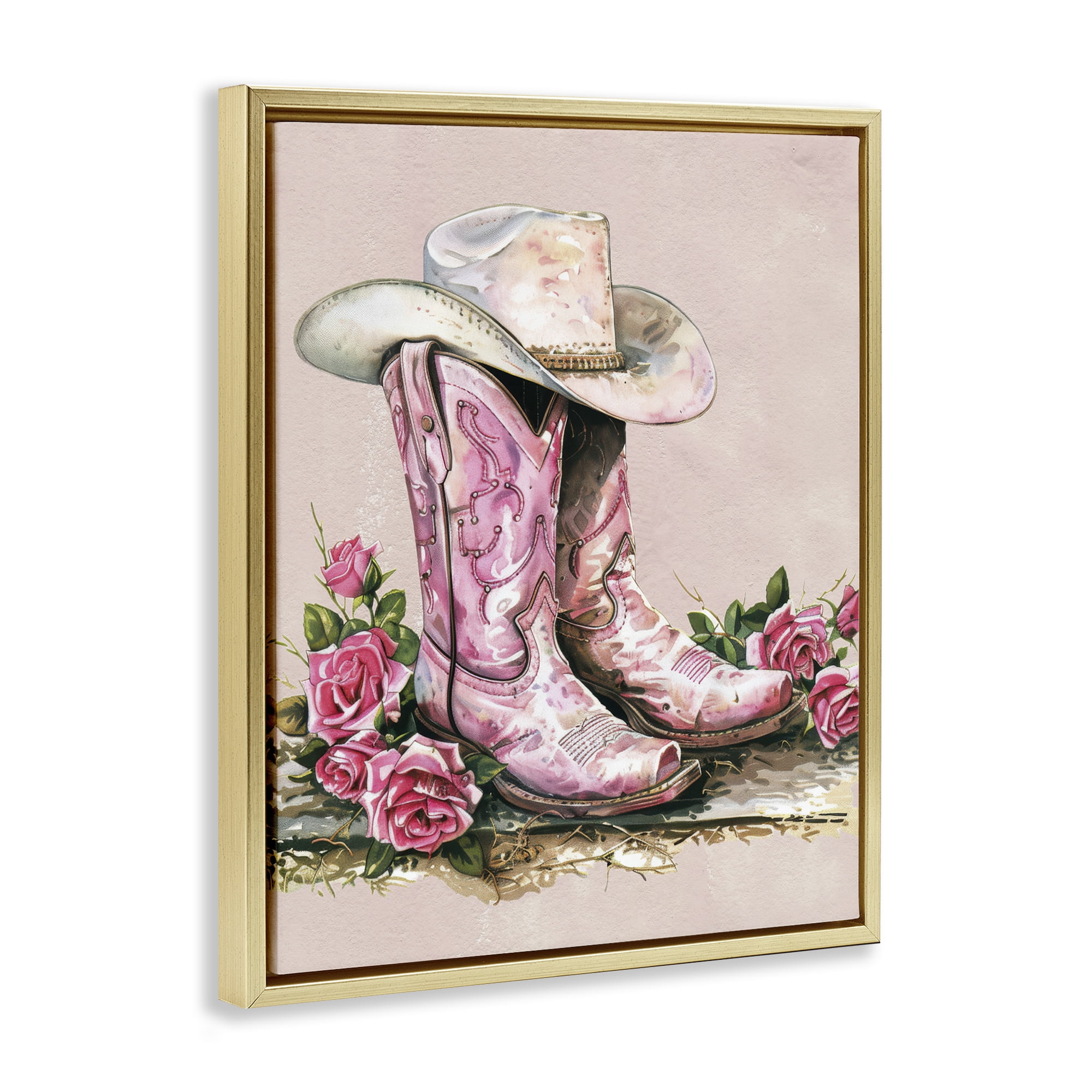 Stupell Industries Glam Bling Cowgirl Boots Plants & Flowers Painting Gold Floater Framed Canvas Art Print Wall Art, 25 x 31