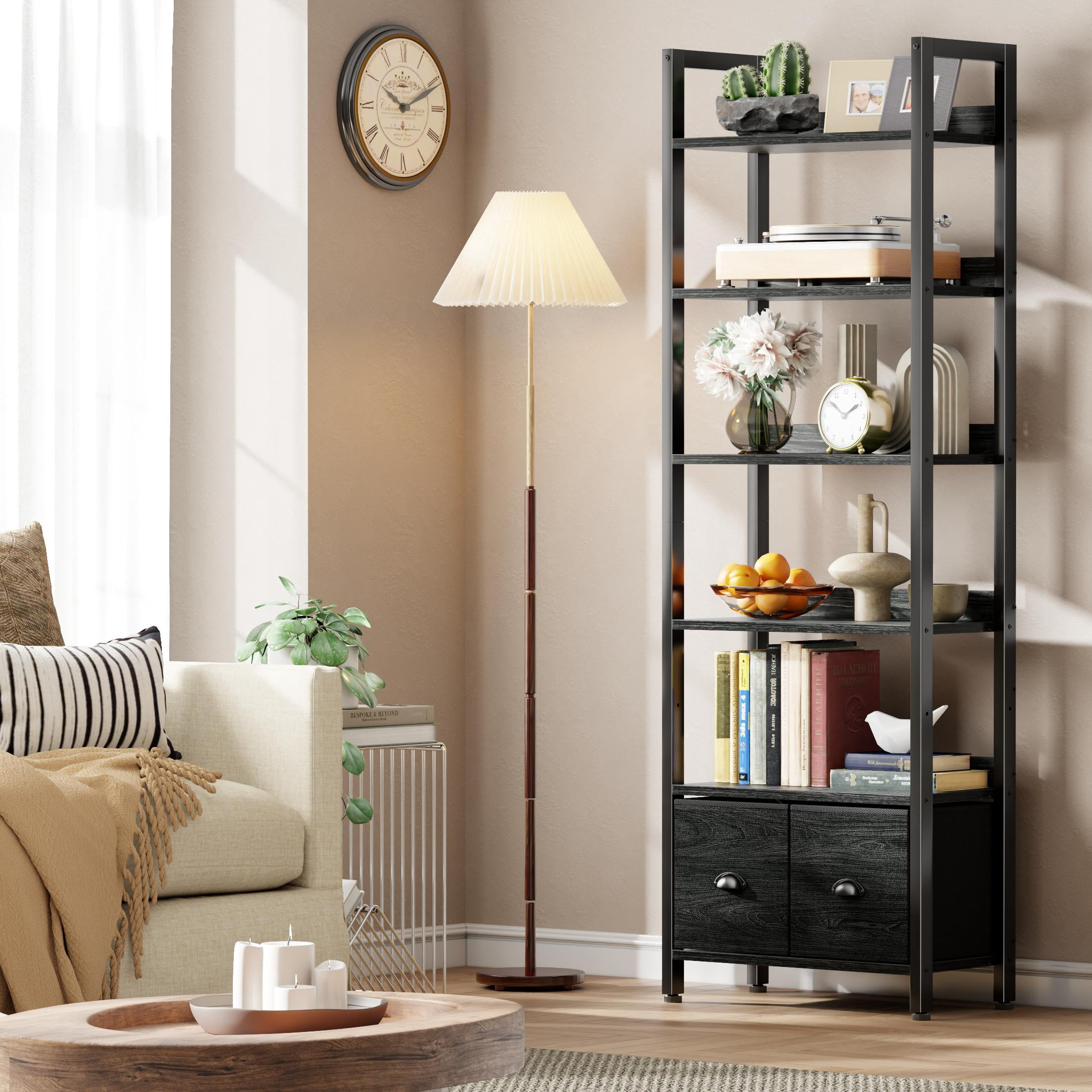 Satifur 6 Tier Black Industrial Bookshelf, Tall Storage Shelving Unit with 2 Detachable Drawers, Anti-Tip & Waterproof Boards for Living Room, Bedroom