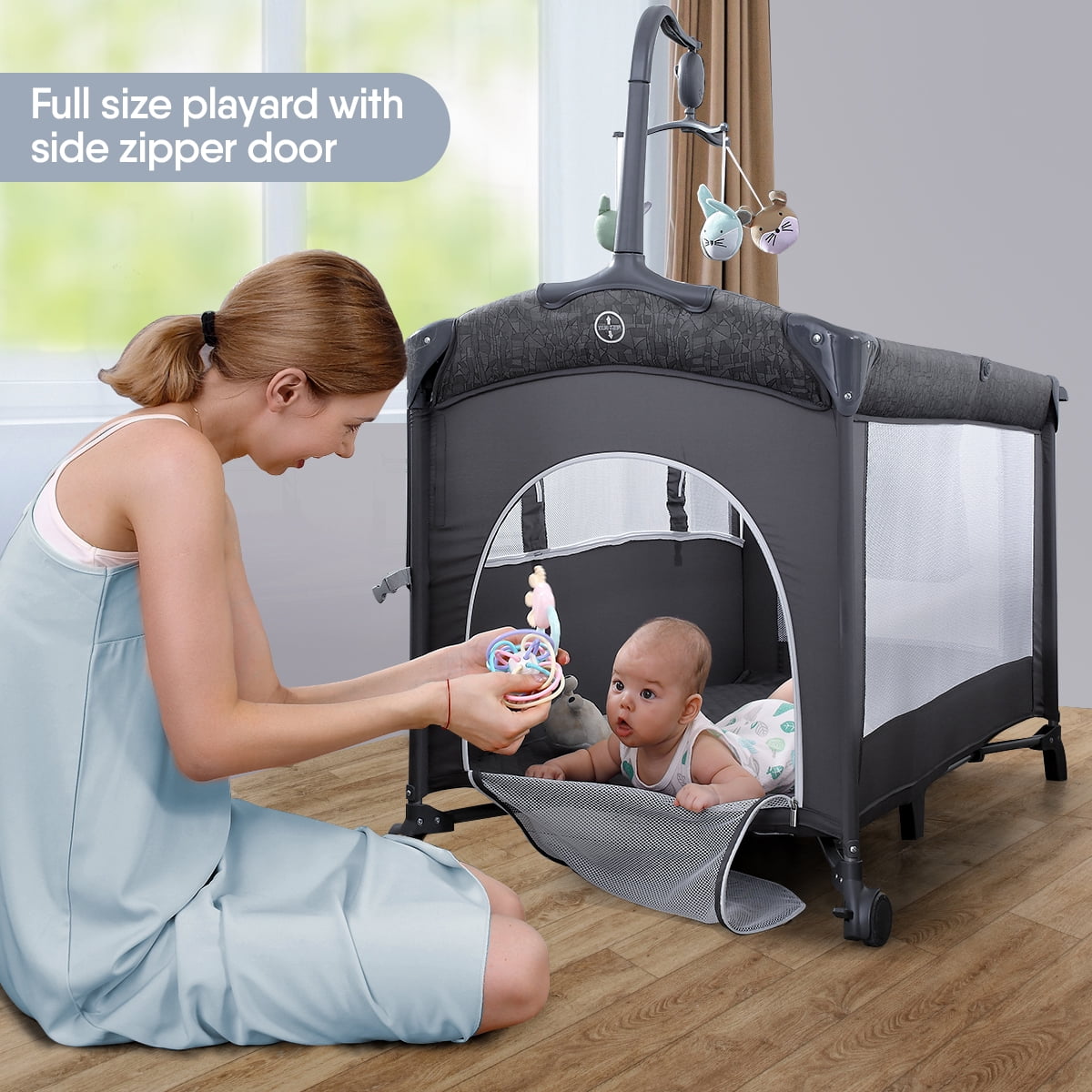 BabyBond Unisex Infant Flat Bedside Sleeper Bassinet, Diaper Changing Table with Wheels and Floding Frame for 0-36 Mmonths Baby (Grey)