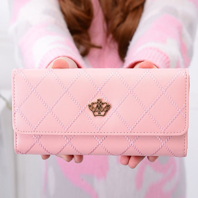 Cartera rosa para mujer, cartera larga, 3 pliegues, velcro, diamante, Love Crown, clip de cuero, clip para billetes de mujer JM