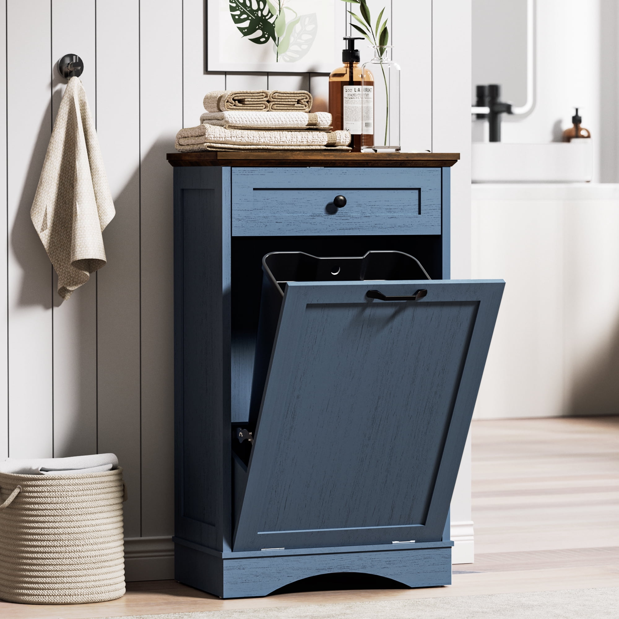 AHB 13 Gallon Tilt Out Kitchen Trash Cabinet with Drawer, Single Trash Can Storage Organizer, 20.9"L x 13.55"W x 38.5"H , Blue