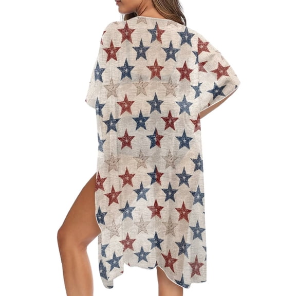 FKELYI Women's Kimono Swimsuit Coverup Knee-Length Beach Cover Up Vintage Star Print Half Sleeve Bikini Cover Ups Summer Beachwear Resort Wear for Ladies