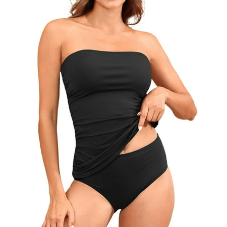 Hwmodou Tummy Control Tankini Swimsuits For Women 2-Piece Bandeau Ruched Sets Strapless Top And Boyshorts Bathing Suit Swimsuit Beachsuits